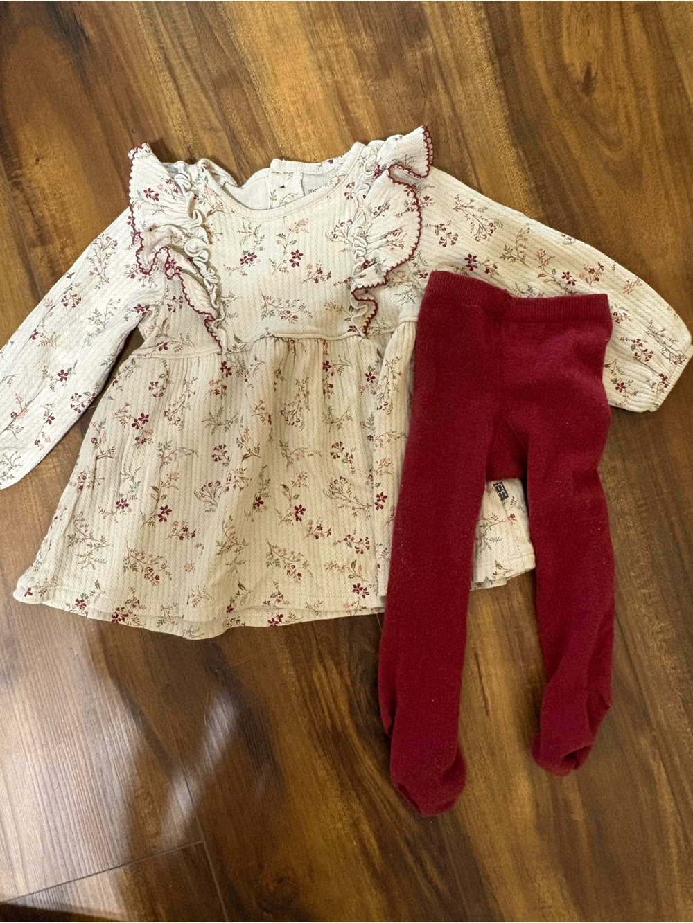 Modern Moments Cream Floral Ruffle Baby Dress with Burgundy Tights